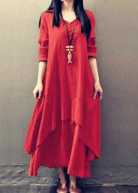 Uveng Two-piece Long Linen Dress Loose Sleeve Dresses