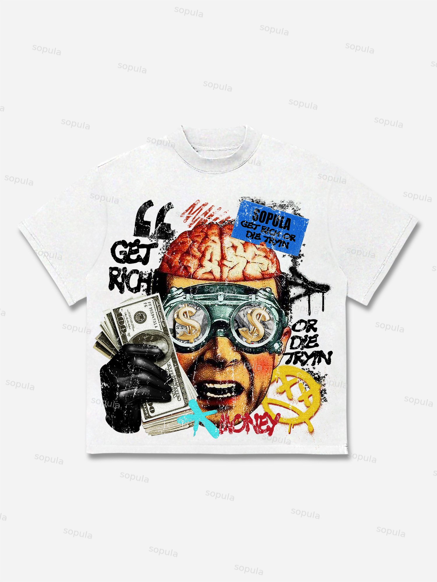 Vintage Get Rich Money Portrait Print Cotton T-shirt - SOPULA