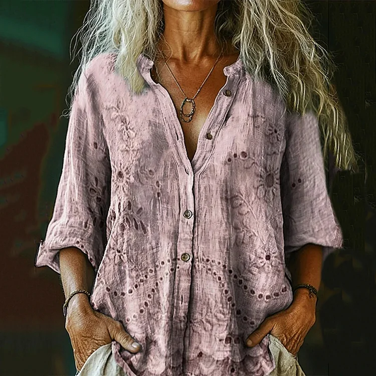Women's Vintage Floral Textured Art Print Casual Cotton And Linen Shirt