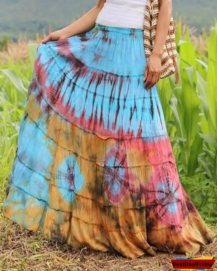 vintage tie dye solid casual drawstring skirt p565741