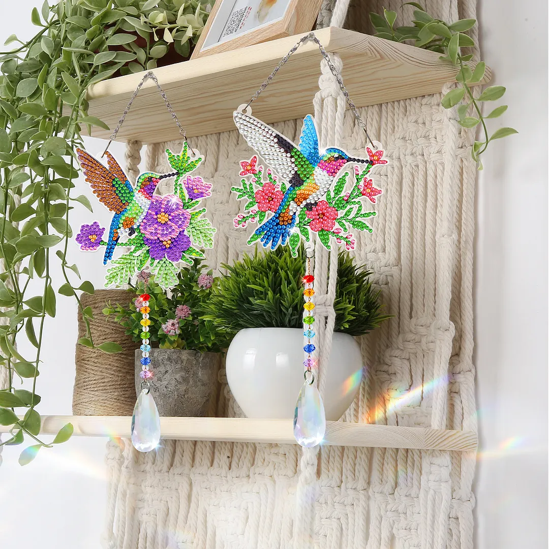 2Pcs Garden Hummingbird DIY Double-Sided Diamond Painting Hanging Kits Diamond Painting Suncatcher Craft Kit for Home Garden Wall Decor Gift