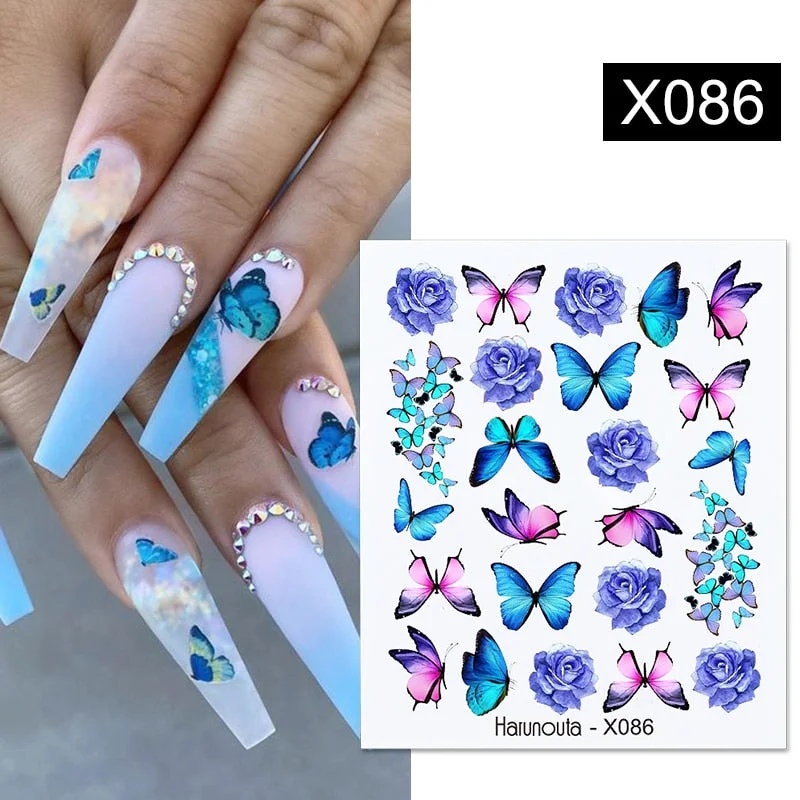 Harunouta Water Decals Ink Blooming Flower Leaves Transfer Nail Stickers Butterfly Love Heart Design Slider Watermark Decoration-Nail Inspo