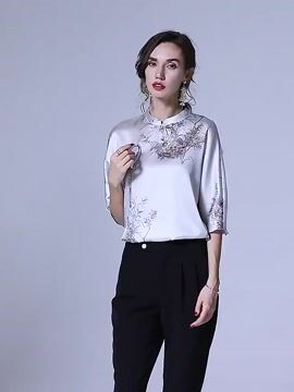 Elegant Silk Stand Collar Oriental Satin Shirt Top Half Sleeve Blouse