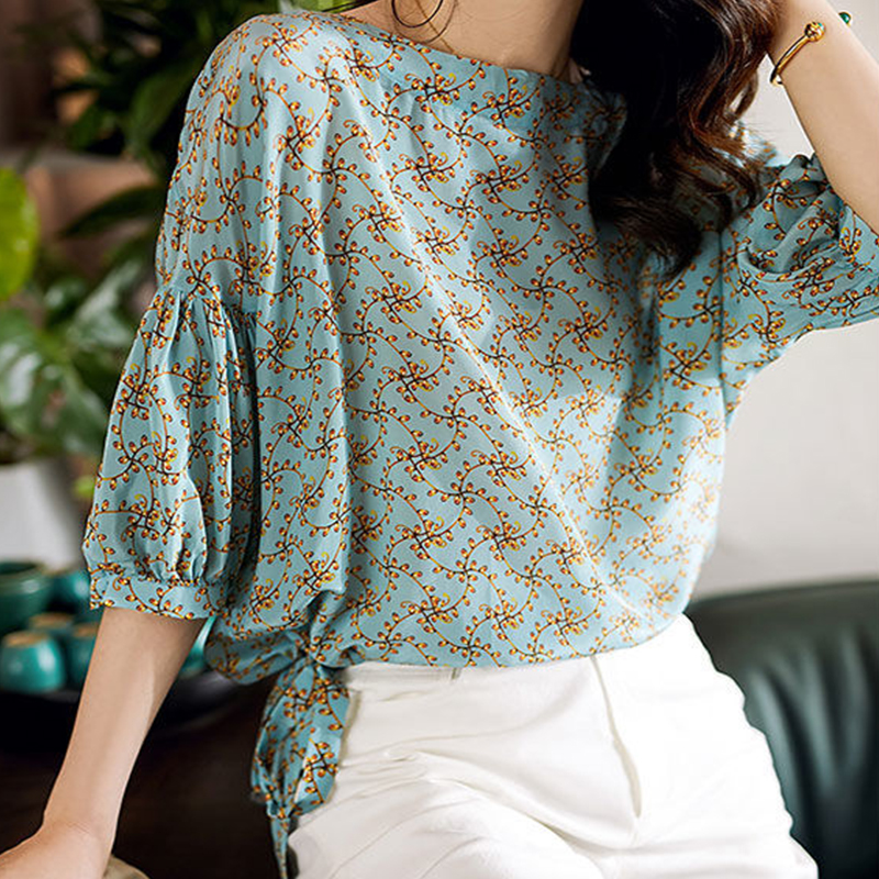 Women's Spring Summer Style Chiffon Blouses Shirt Women's Half Sleeve Printed O-neck Casual Elegant Tops SP224