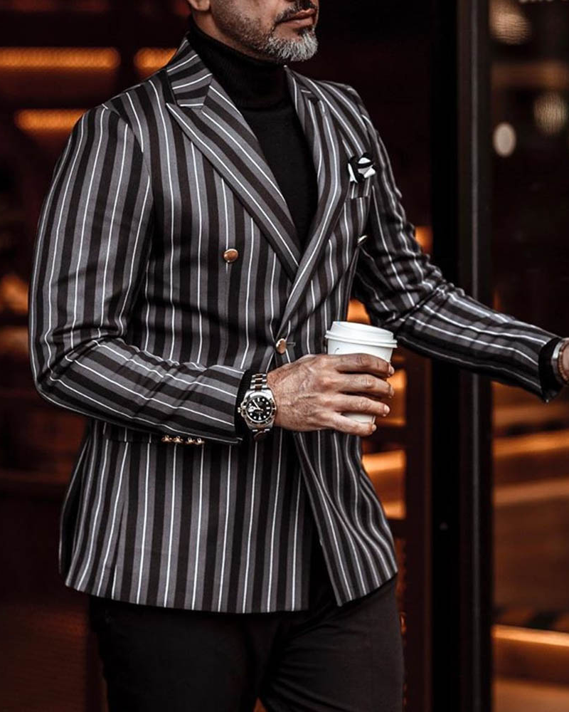 Men's Casual Black and White Striped  Elegant Blazer
