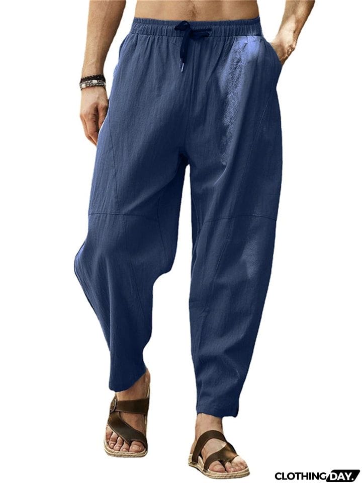 Men Loose Drawstring Casual Solid Color Pants