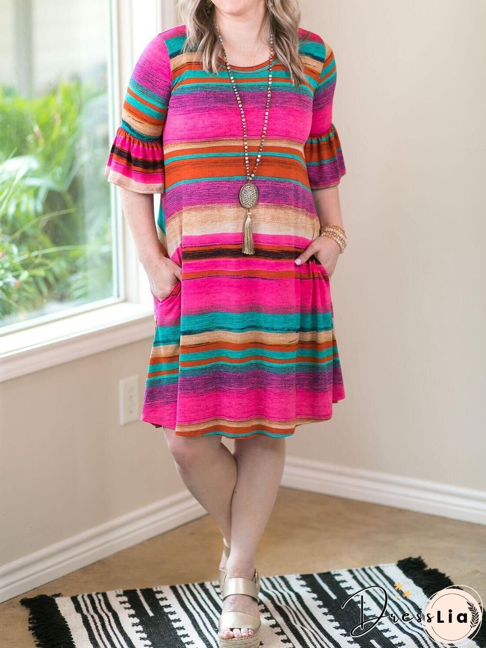 Color Stripe Women Rose-Red Long Sleeve Dress