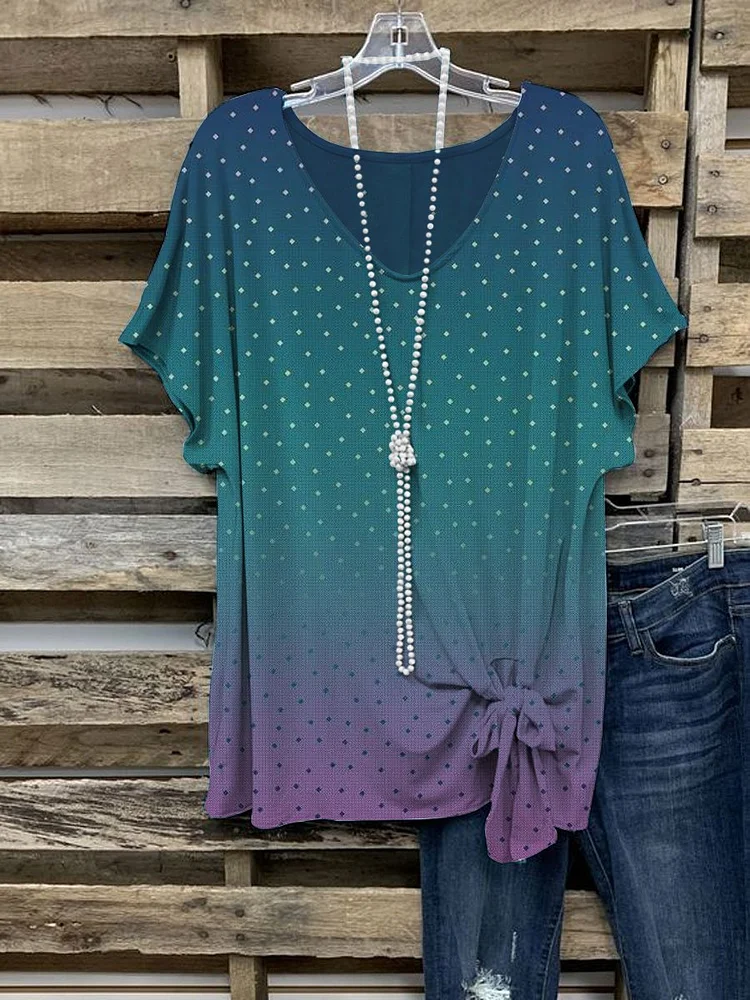 Casual v-neck blue gradient short-sleeved top-Mayoulove
