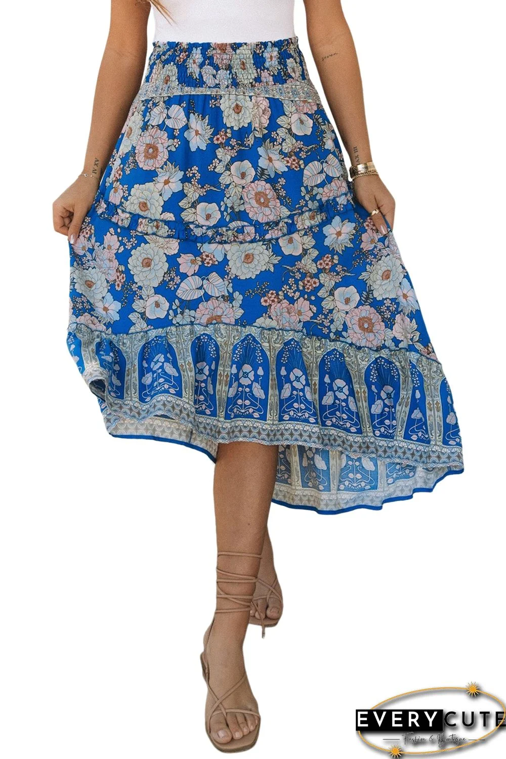 Blue Smocked Waist Boho Floral Maxi Skirt