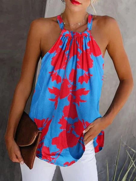 Women's Sleeveless Halter Floral Printed Tops