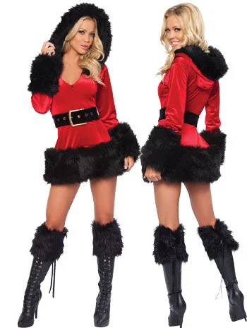 Sexy Fur Trim Hooded V Neck Santa Claus Costume Women-elleschic