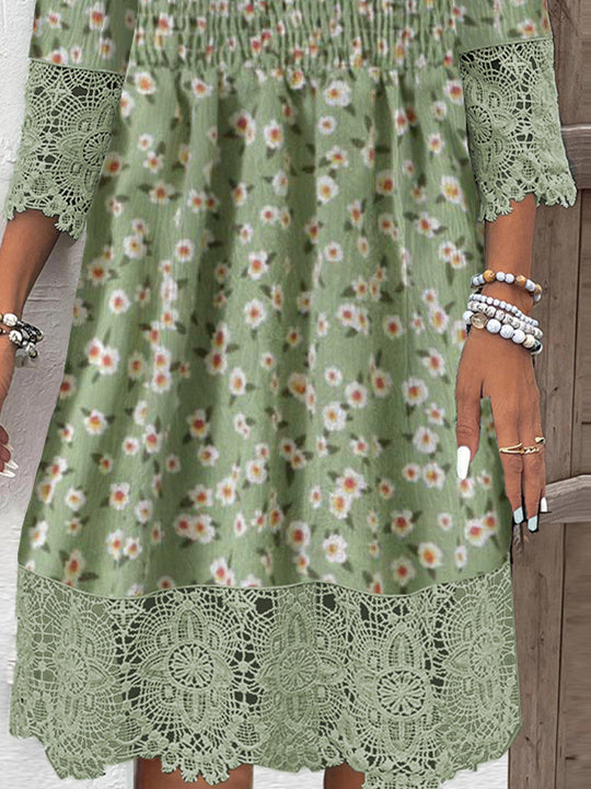 Women's 3/4 Sleeve V-neck Graphic Floral Printed Lace Midi Dress