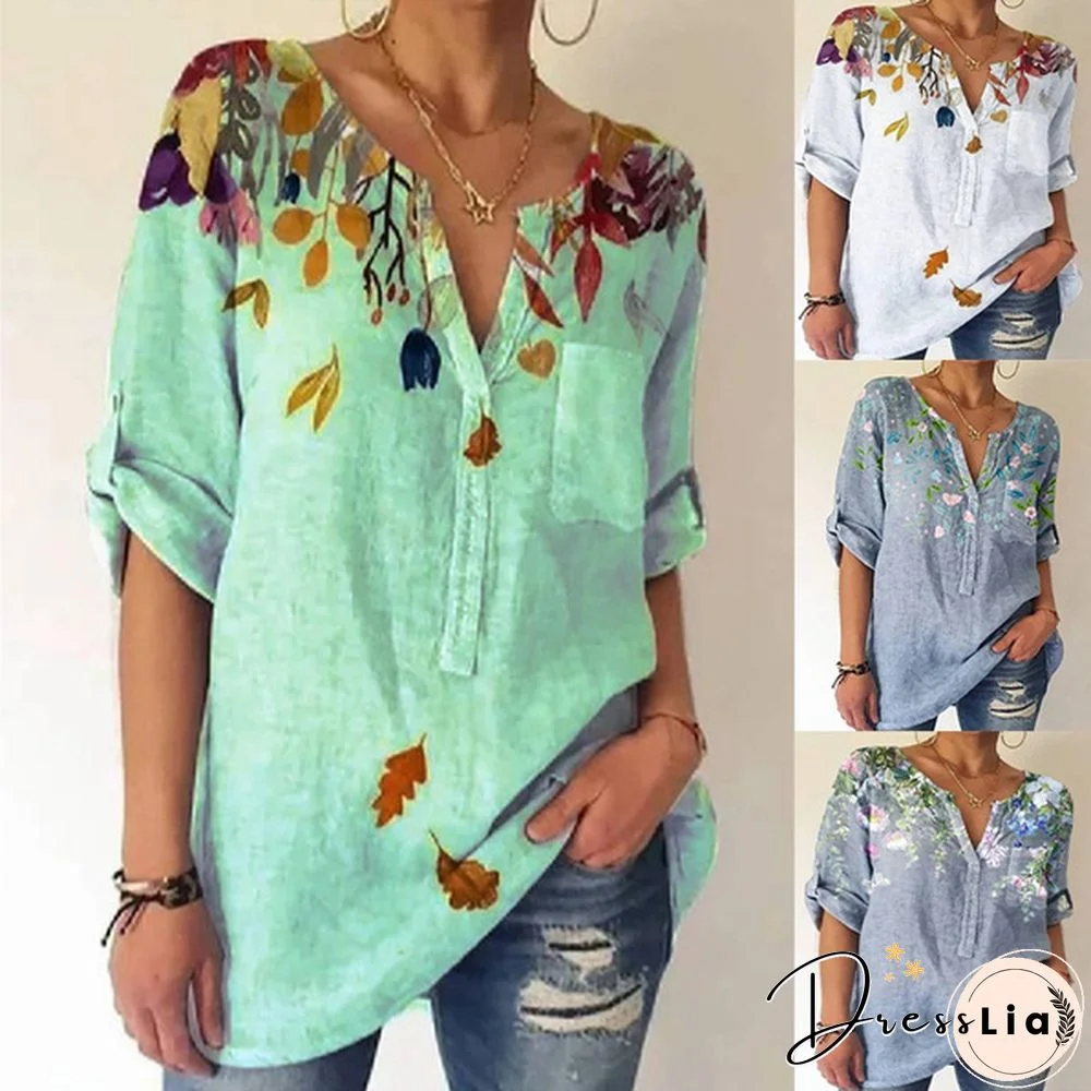 Street Style Lady Fashion Casual Tops Summer Loose Elegant Pullover Shirts For Women V-neck Printed Short-Sleeve Vintage Blouse