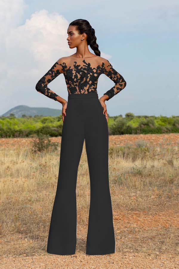 White Patchwork Applique Slimming Long-Sleeve Jumpsuit