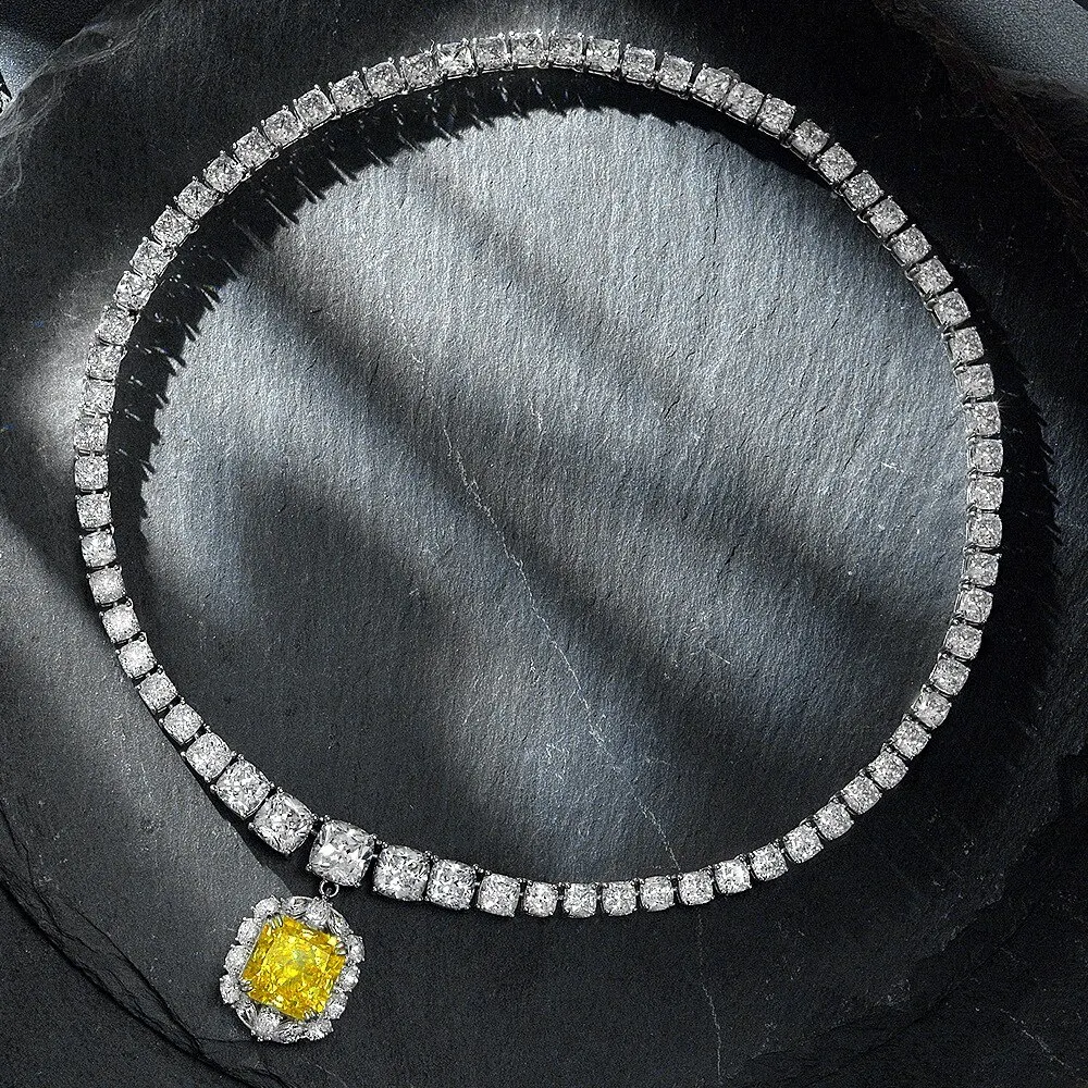 100% 925 Sterling Silver 13*13 MM Pincushion Created Moissanite Citrine Gemstone Pendant Necklace Fine Jewelry Gift