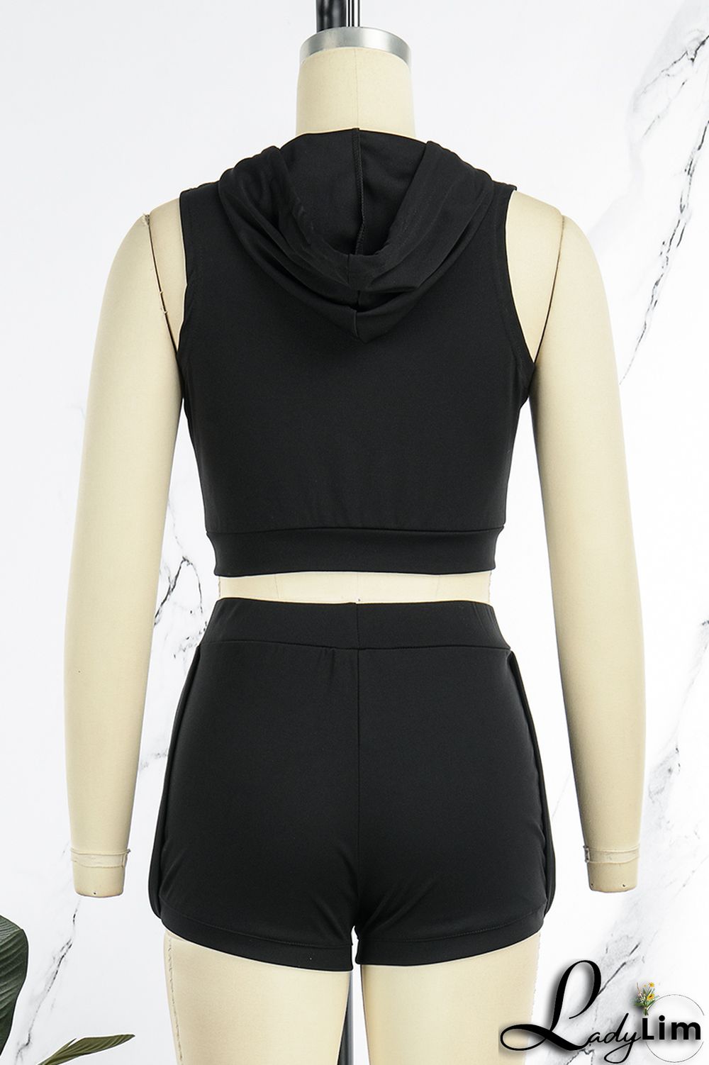 Black Casual Solid Basic Hooded Collar Sleeveless Two Pieces