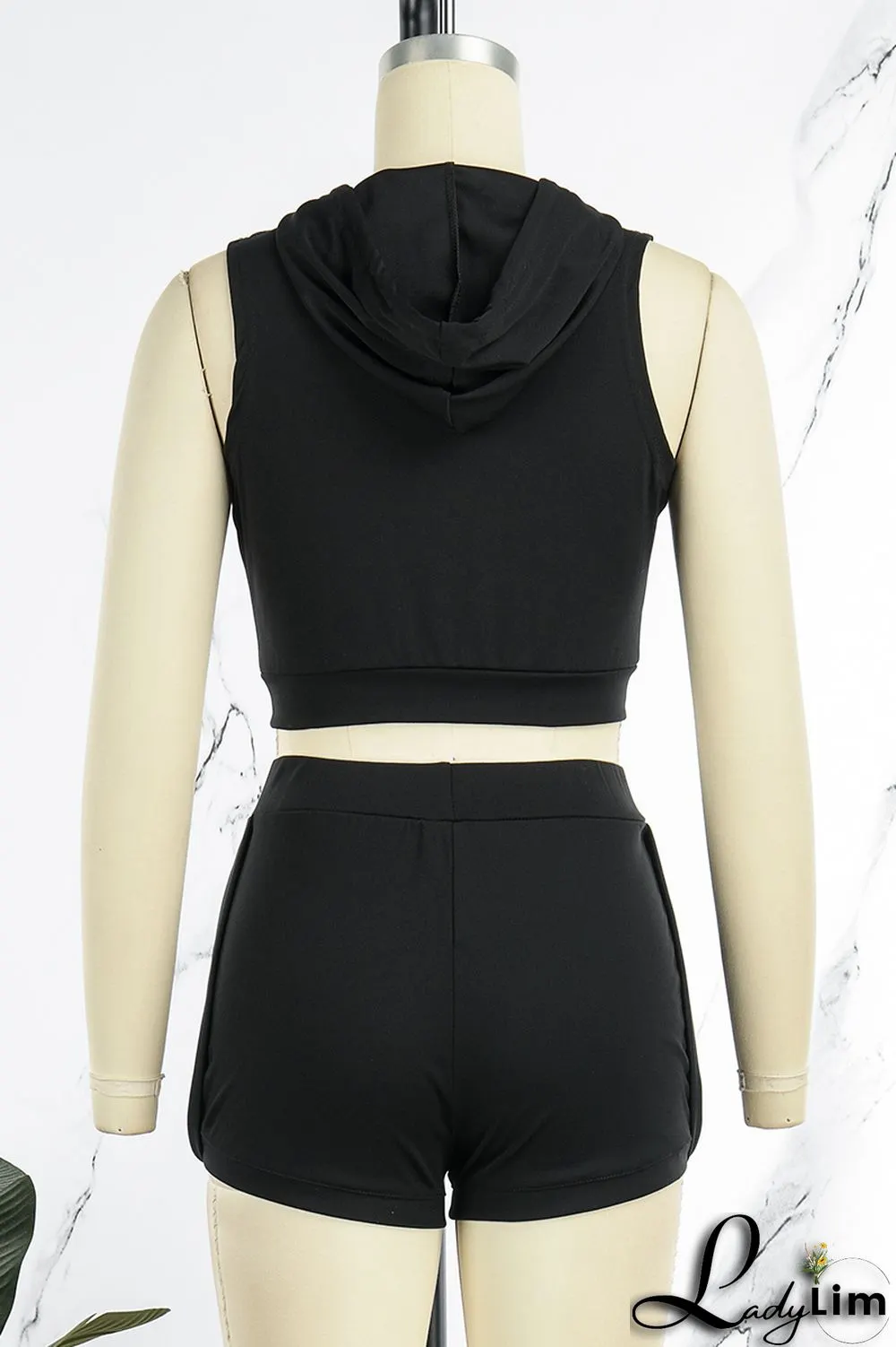 Black Casual Solid Basic Hooded Collar Sleeveless Two Pieces