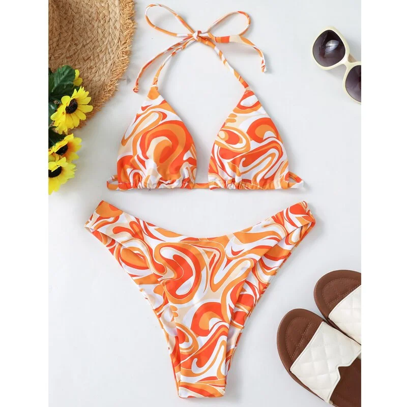 Peachtan Brazilian bikini set Triangle swimsuit women's swimming suit High cut swimwear female Halter Print bathing suit biquini