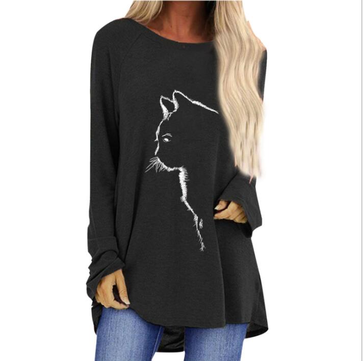 Casual Sport Autumn T-Shirts Women Long Sleeve Cat Print Fashion Cotton Tee Lady Loose Round-Neck Running Workout T-Shirt Top