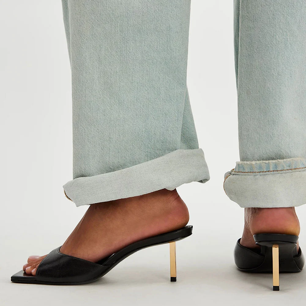 YDN Black Open Square Toe Metal Stiletto Heel Mules for Women