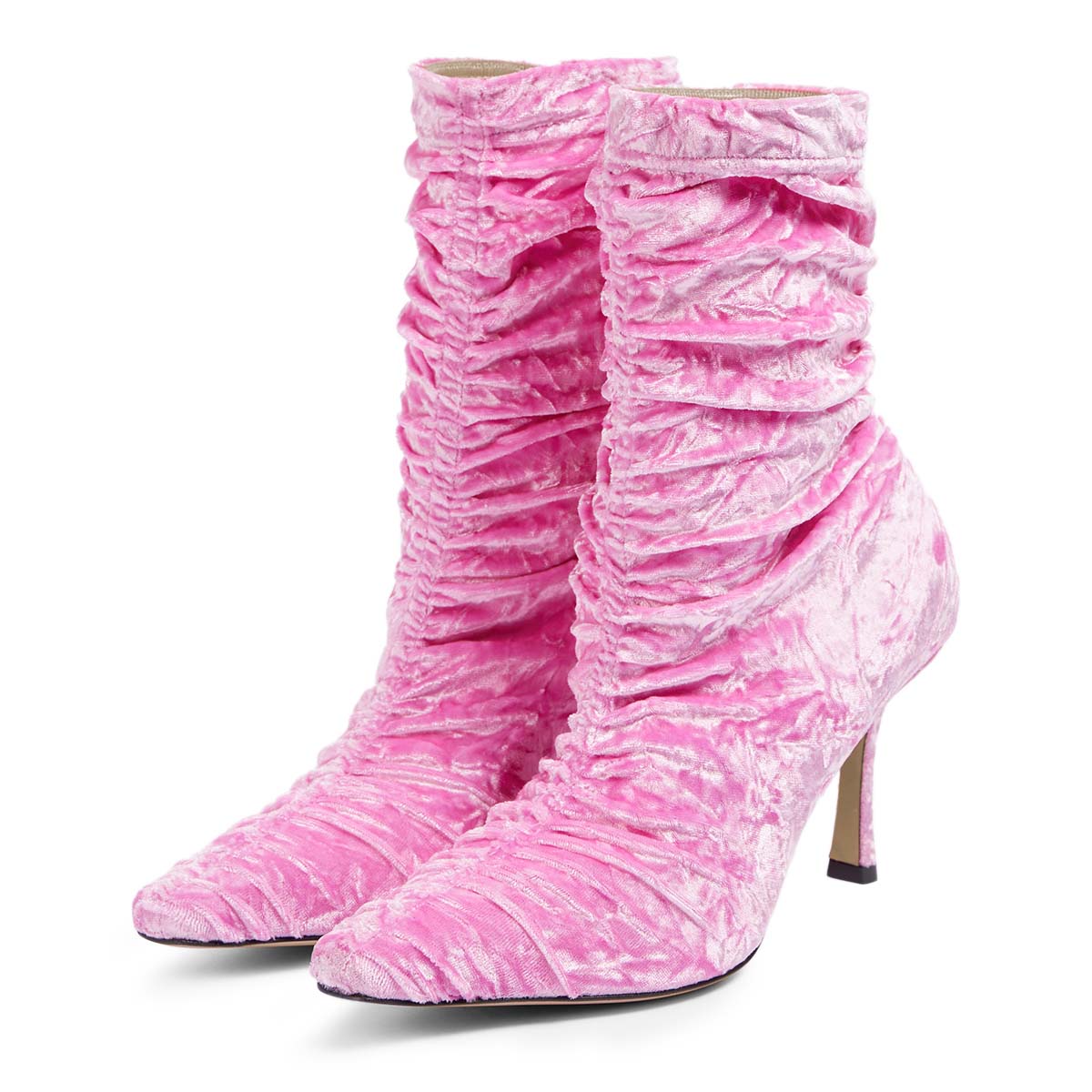 Pink Crushed Stretch Velvet High Heel Pointed Toe Boots for Women Nicepairs