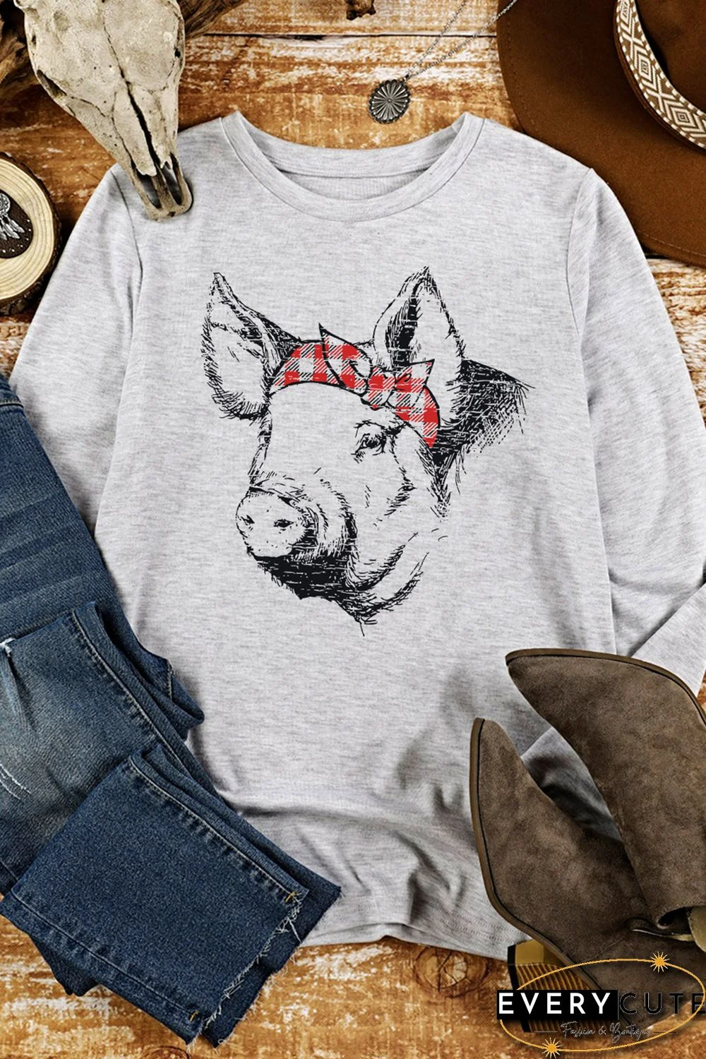 Gray Plaid Pig Graphic Print Long Sleeve Top