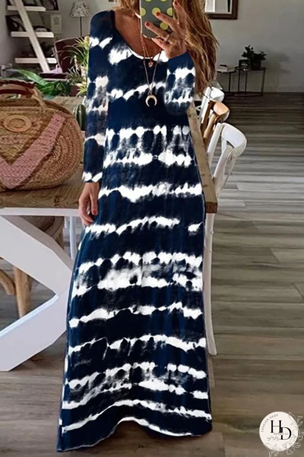 Printed Long Sleeve Striped Maxi Dress (6 Colors) P14235