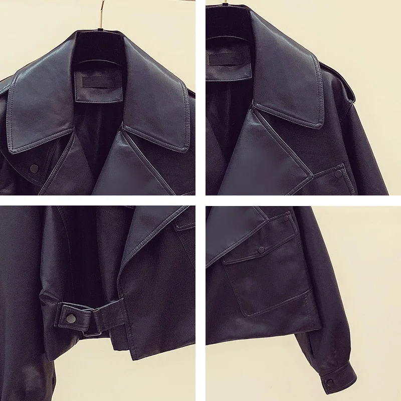 Ailegogo Spring Women Short Pu Leather Jacket Moto Biker Oversized Turndown Collar Black Coat Vogue Lady Faux Leather Outwear