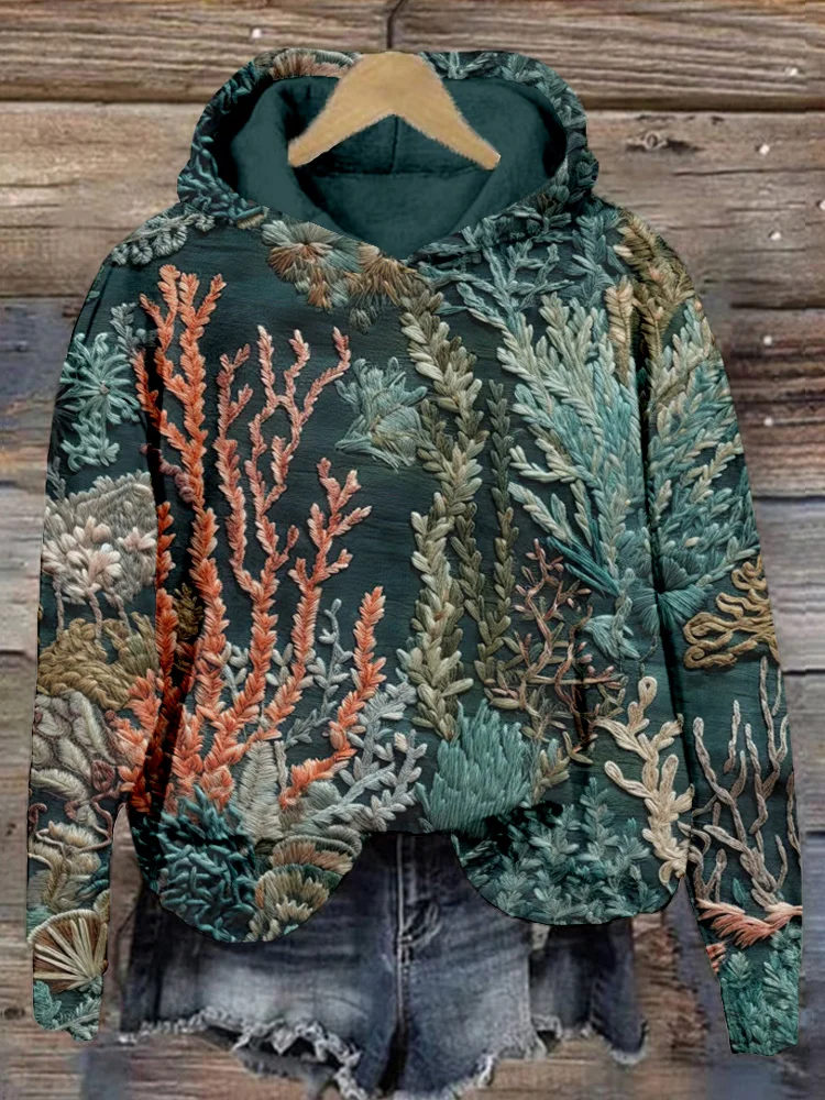 VChics Coral Reef Ocean Embroidery Art Comfy Hoodie