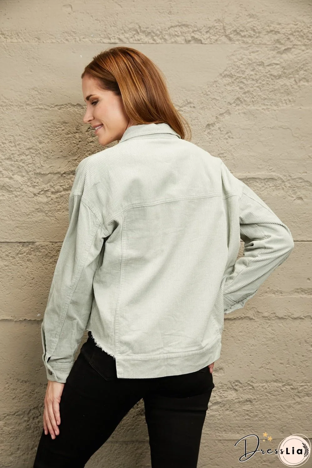 Double Take Raw Hem Button Down Corduroy Jacket with Pockets