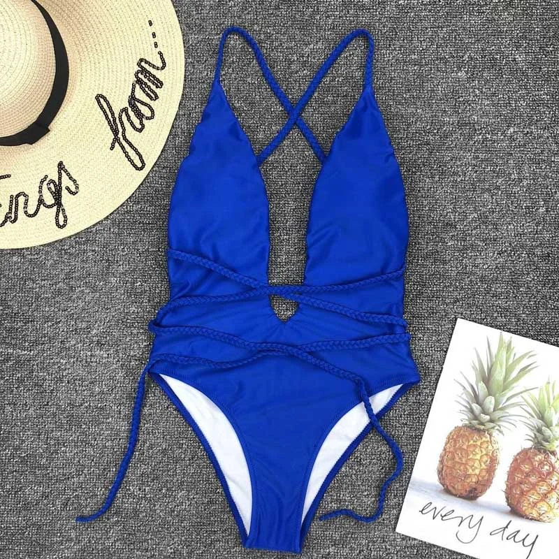 Halter Neon Deep V Swimsuit Women Monokini String Bathing suit Sexy Push Up Swimwear one piece Bodysuits High cut Bikini Women