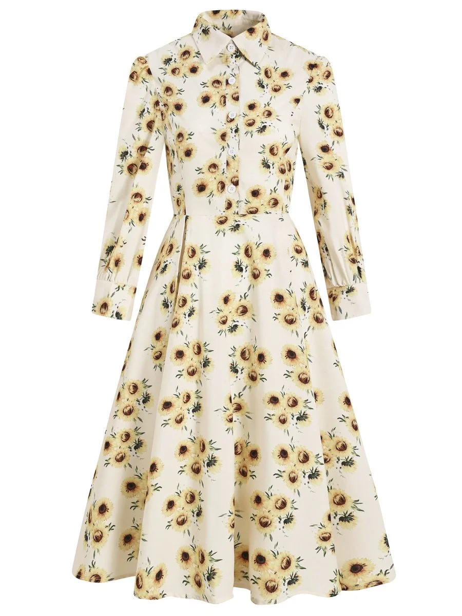 Vintage Shirt Dress Sunflower Print Button Lapel Collar Long Sleeve Button Dress