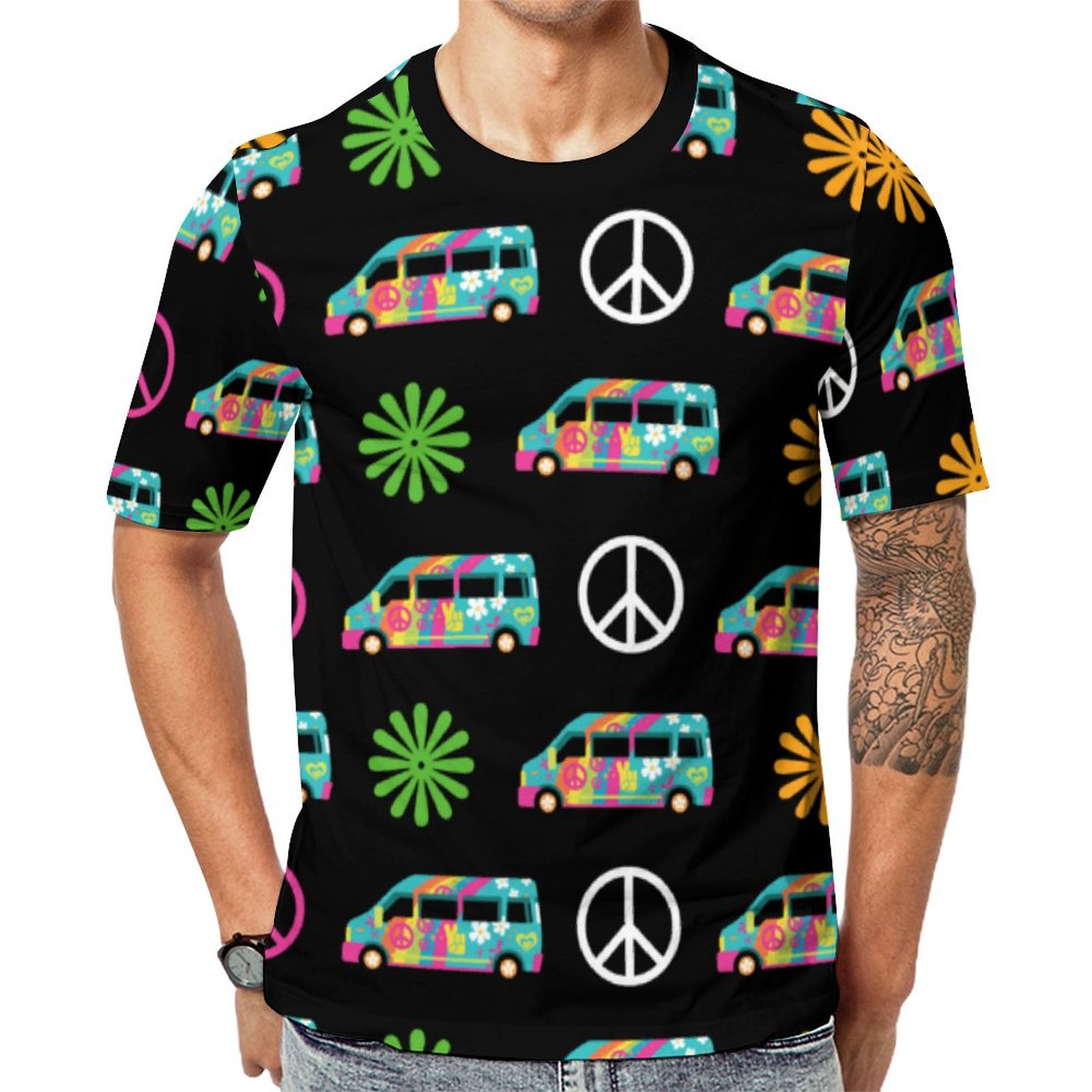 Hippie Bus Peace Sign 70S Car Short Sleeve Print Unisex Tshirt Summer Casual Tees for Men and Women Coolcoshirts