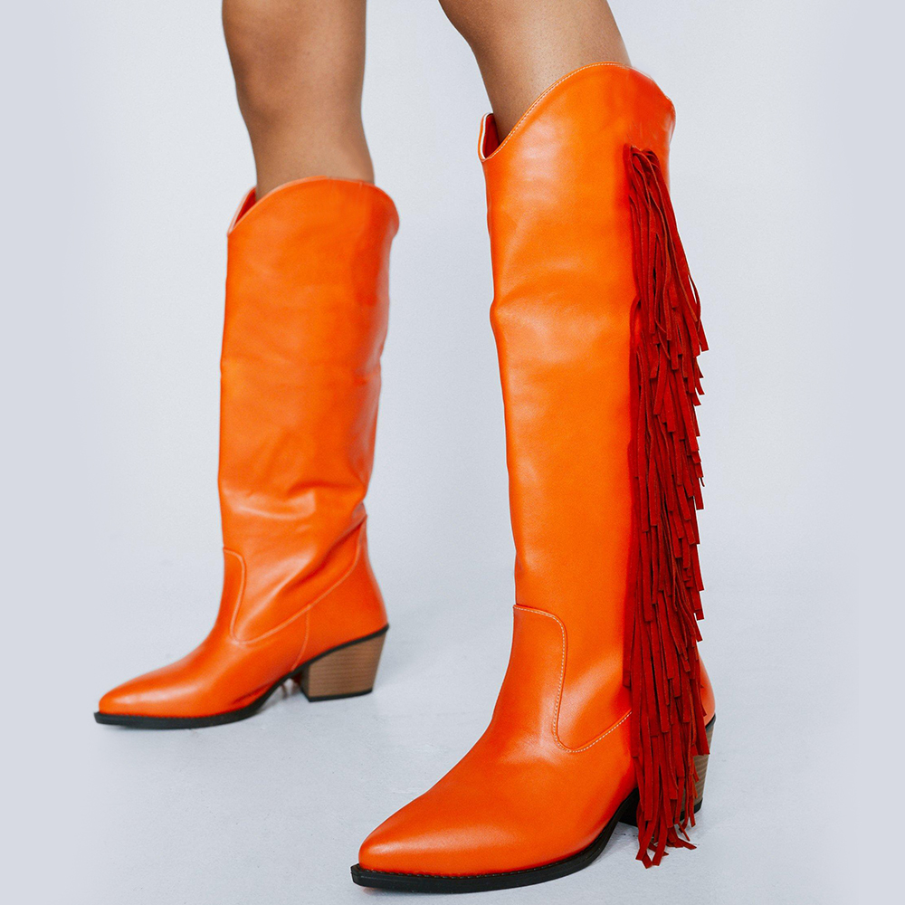 Orange  Knee Boots Cone Heel Tassel Decor Knee Boots
