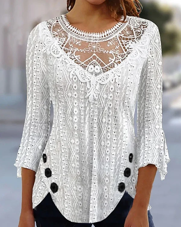 Elegant Solid Lace 3/4 Sleeve Casual Button Irregular Top