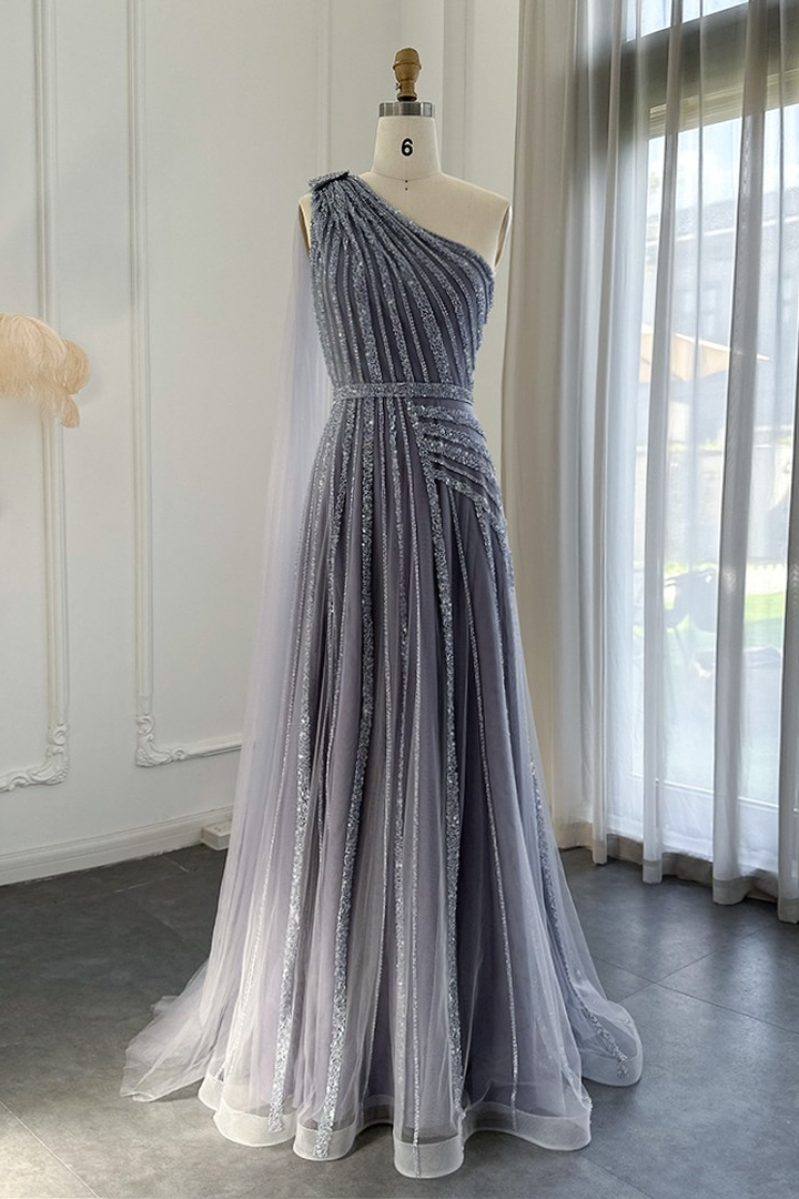 Bellasprom Grey One Shoulder Beadings Prom Dress Tulle Long Bellasprom