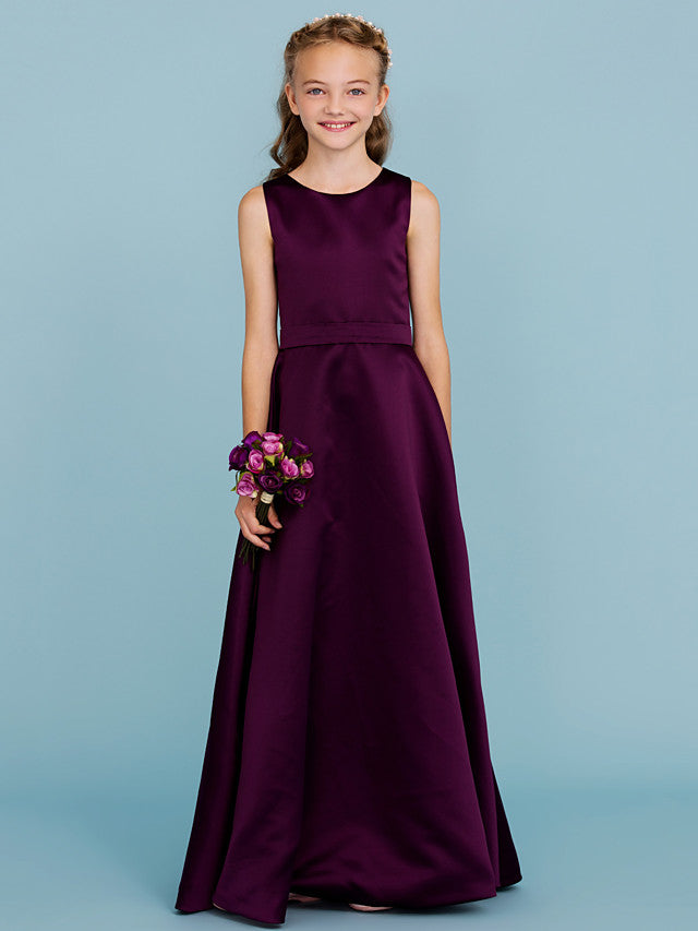 Oknass A-Line Jewel Neck Floor Length Satin Junior Flower Girl Dress With Sash  Wedding Party Open Back