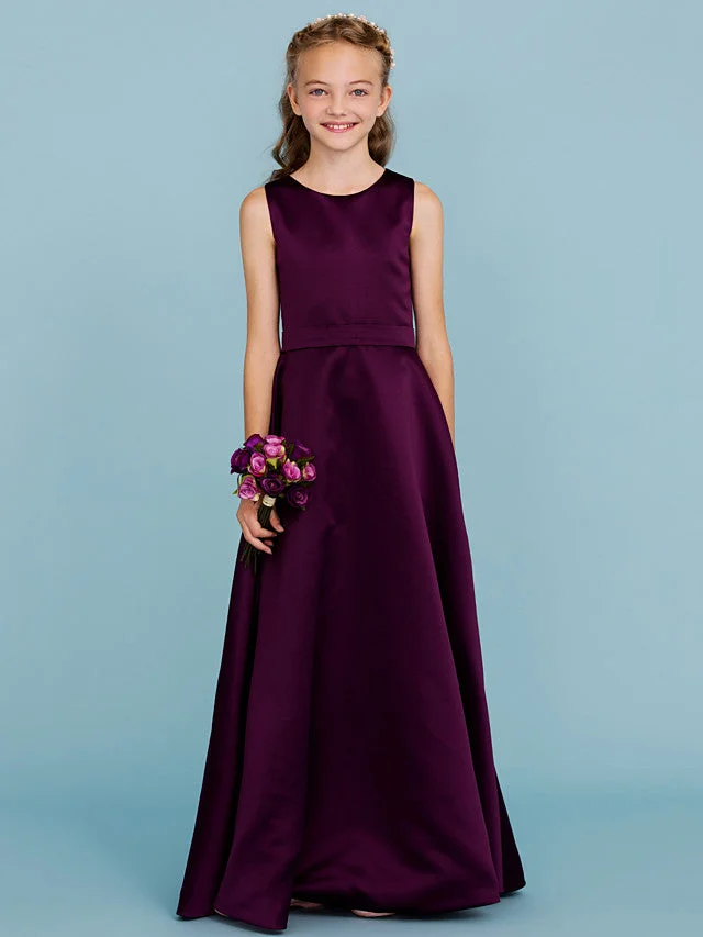 Daisda A-Line Jewel Neck Floor Length Satin Junior Flower Girl Dress With Sash  Wedding Party Open Back
