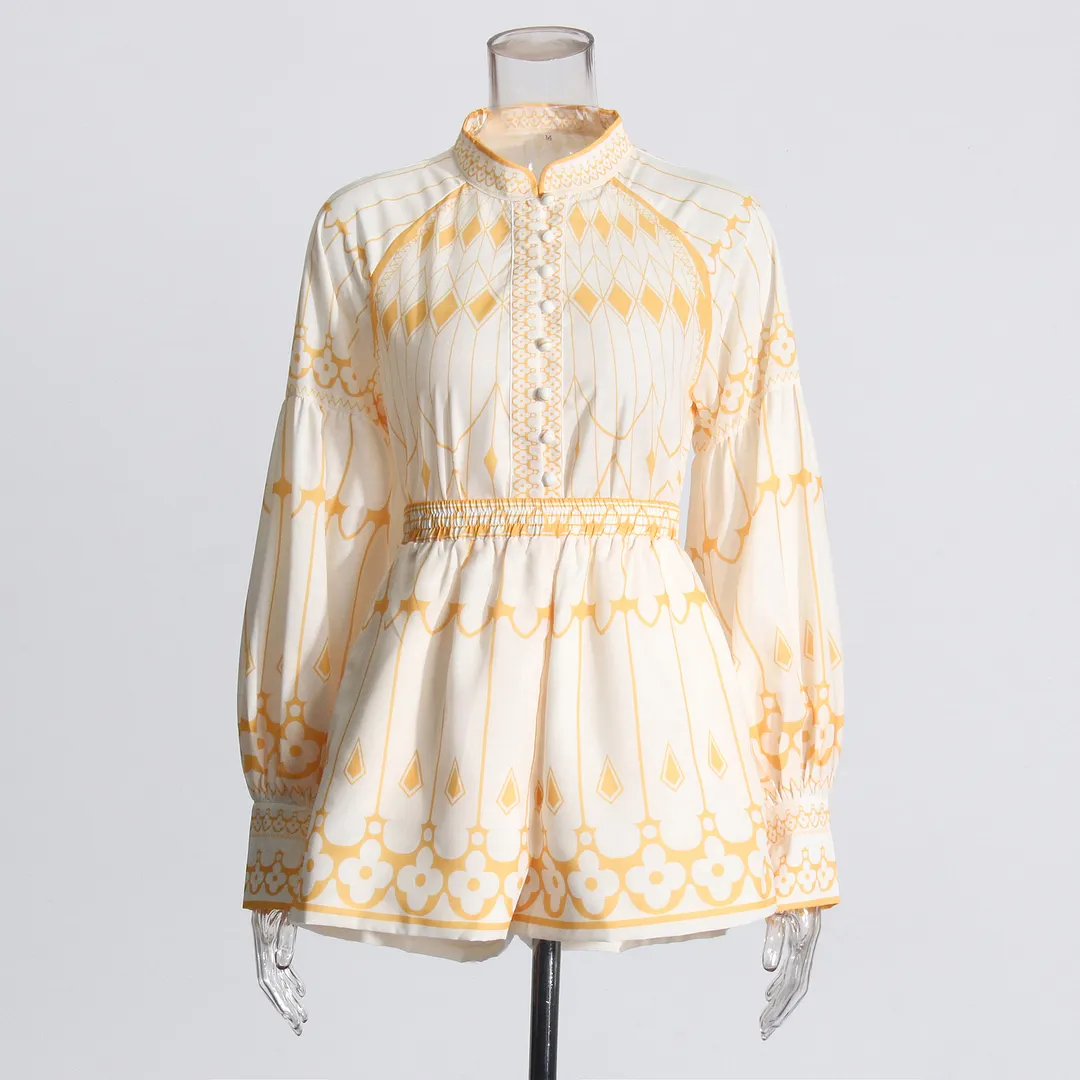 Brownm Holiday Leisure Wind 2025 Spring New Fashion Design Collar Lantern Sleeve Shirt Shorts Suit Woman