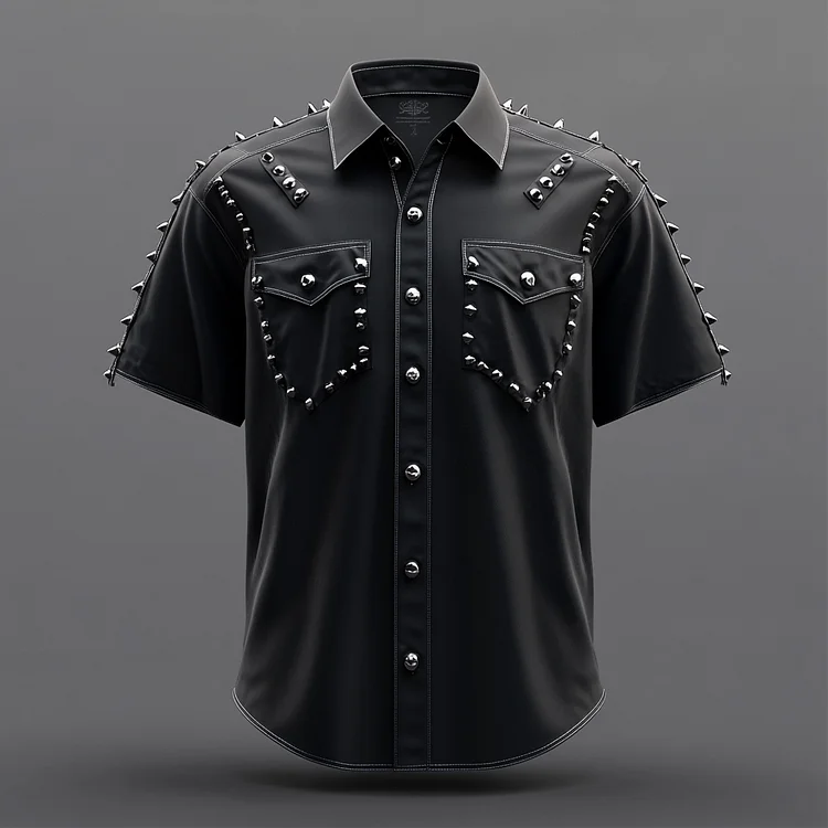 Okaywear Turndown Collar Short Sleeve Rivet Decor Chest Pocket Shirt Okaywear
