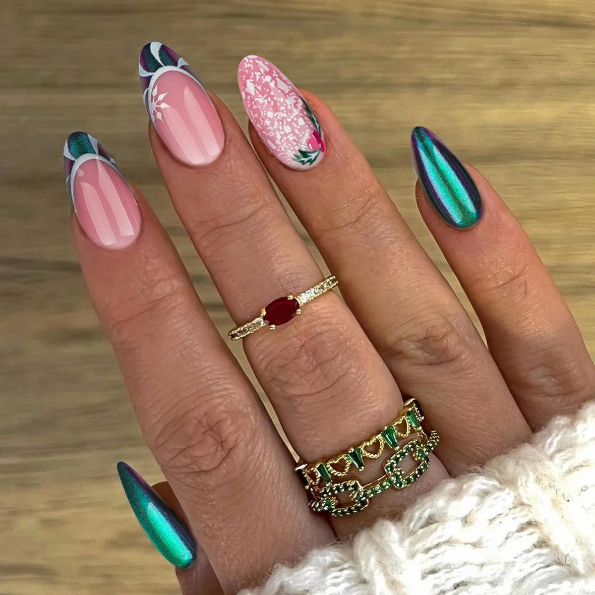 Lidudu French Press on Fake Nails with Flowers Designs Summer Blue Short Almond False Nails Wearable French Full Cover Press on Nails