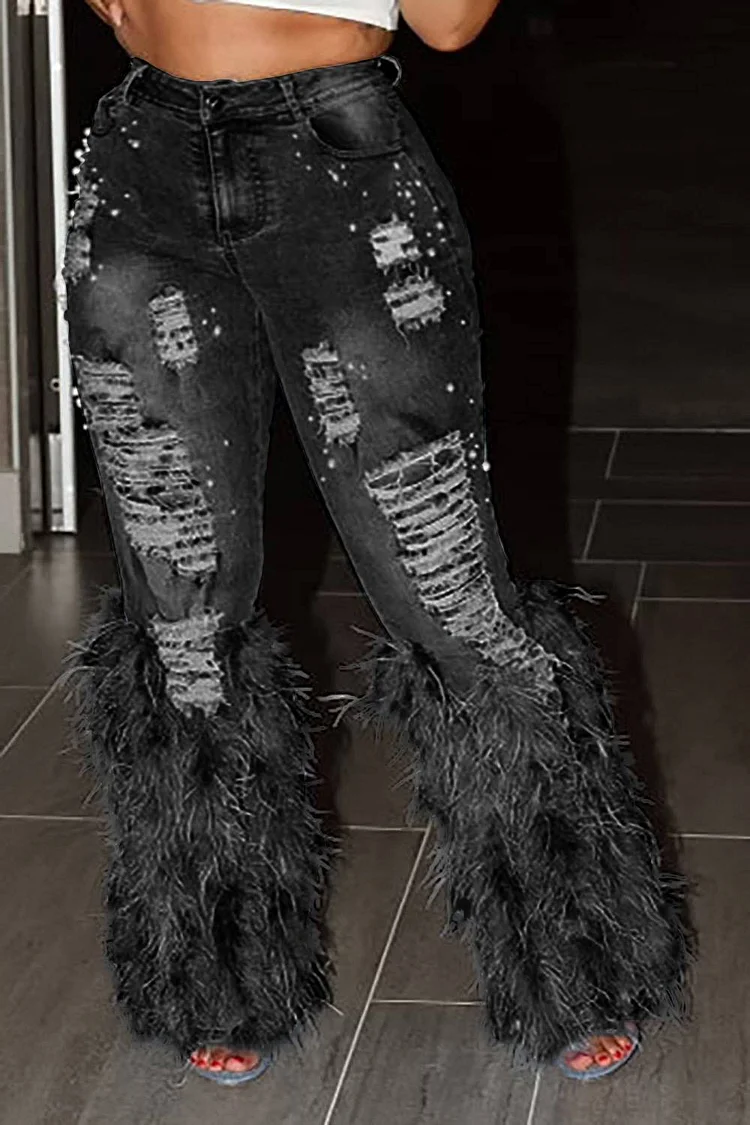 Plus Size Daily Jean Black Feather Denim Ripped Jean [Pre-Order]