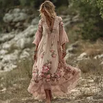 Vintage Pink Roses Fiber Art Lace Flowy Linen Maxi Dress - Image 2