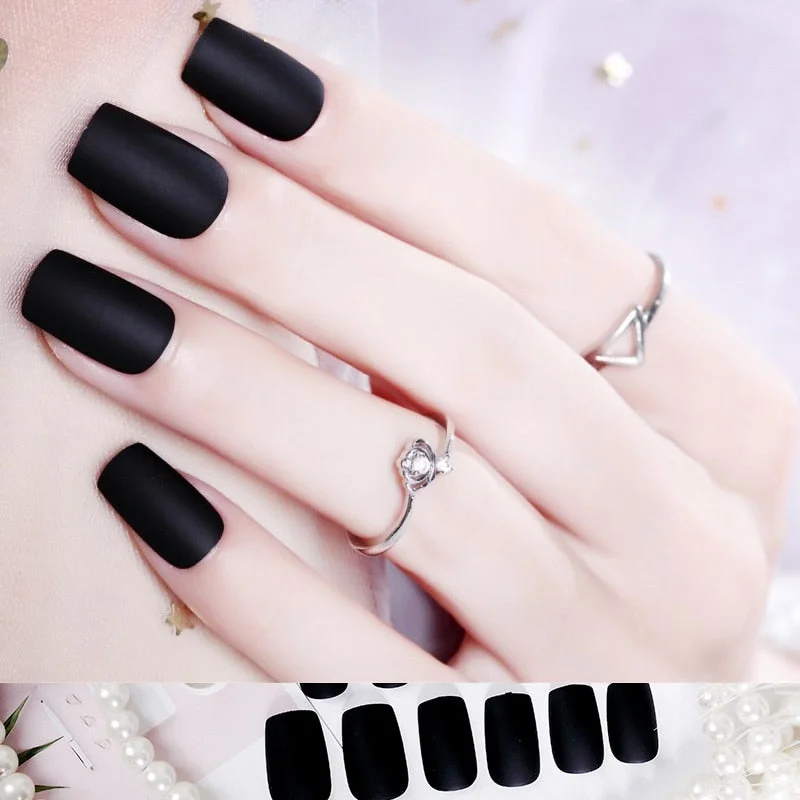 24pcs/set faux nails Accessories for women matte Pink False Nail with glue solid Color Short Square full cover press on nails-Nail Inspo