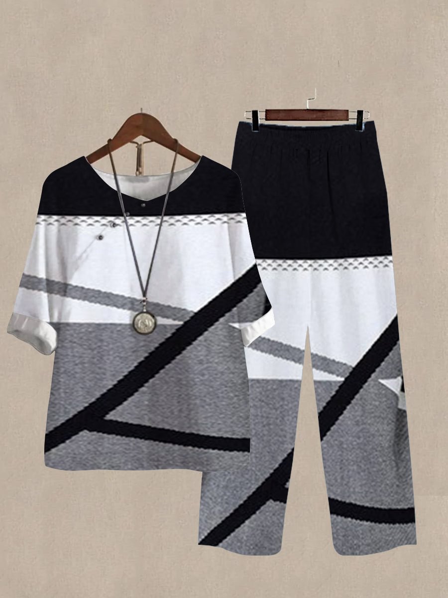 Linen Casual Women's Color Block Print Two Pieces Set