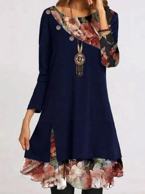 Women Long Sleeve Round Neck Floral Printed Mini Dress