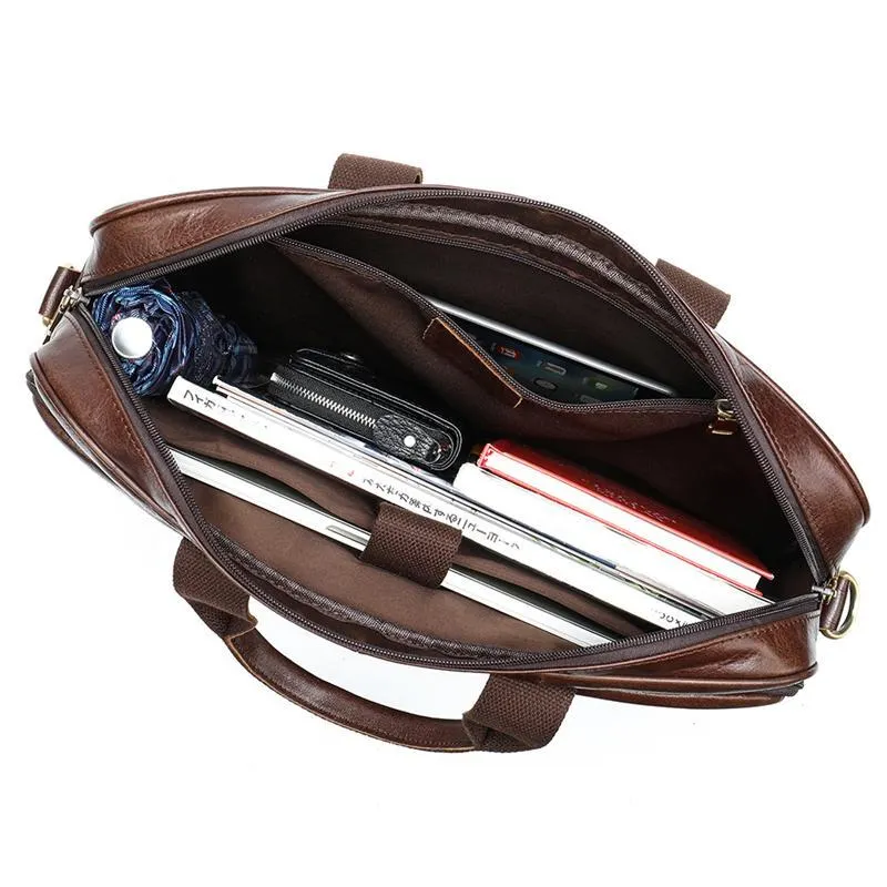 Casual Business Solid Color Handbag 15.6-Inch Computer Bag Leather Crossbody Bag