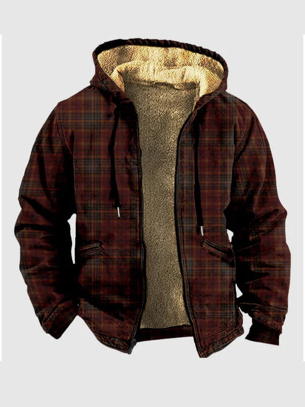 Men's printed plaid Fleece-lined warm hooded sweatshirt jacket