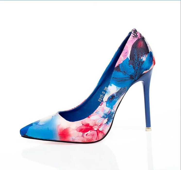 Women High Heels Shoes Satin New Thin High Heels Printing Flowers Classic Pointed Toe Women Pumps Women Shoes