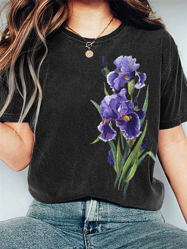 VChics Iris Flower Oil Painting Art Print Casual Vintage T-Shirt